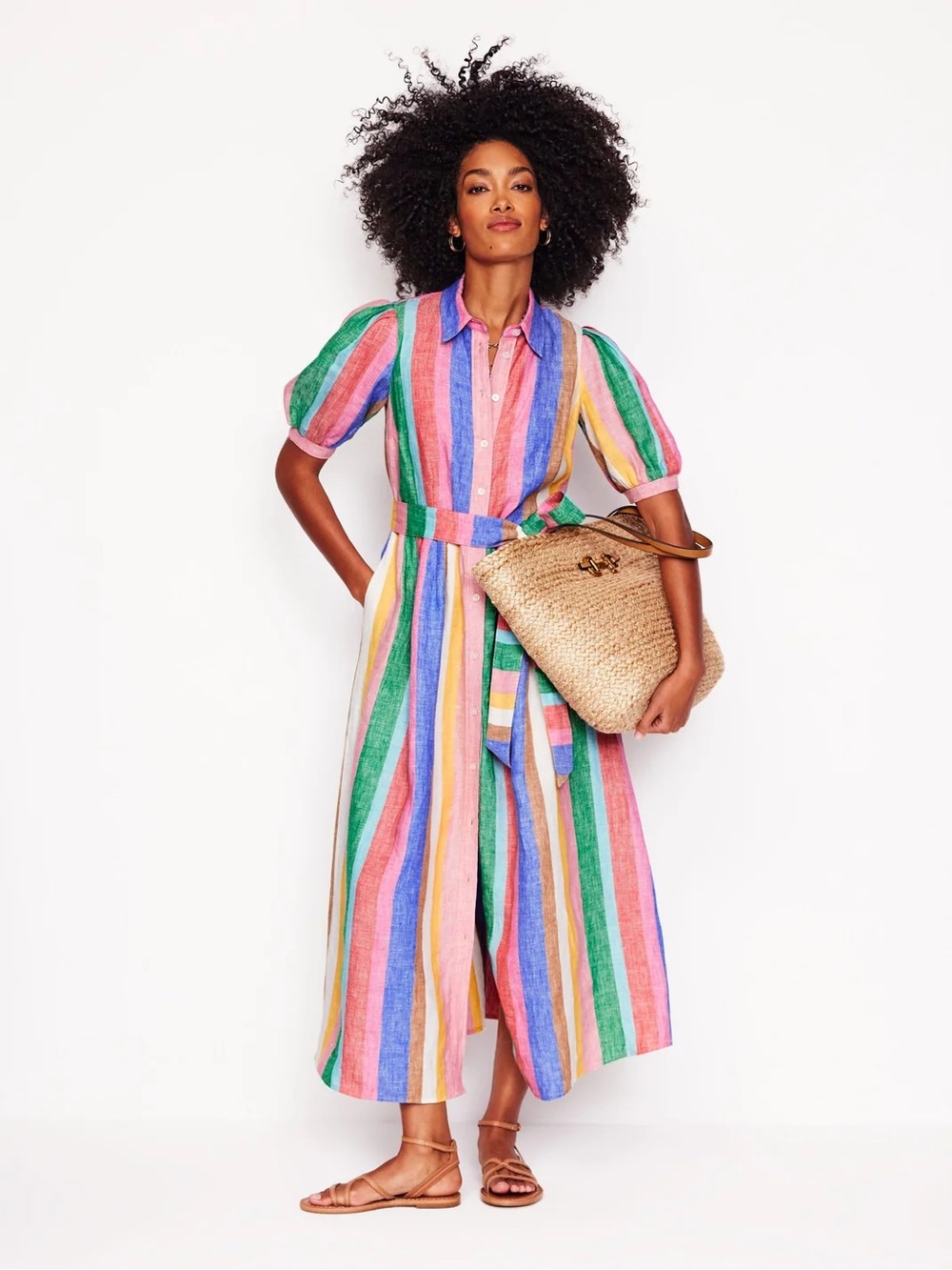Boden Rainbow Striped Button-Front Dress with Tie Belt - Picture 6 of 12
